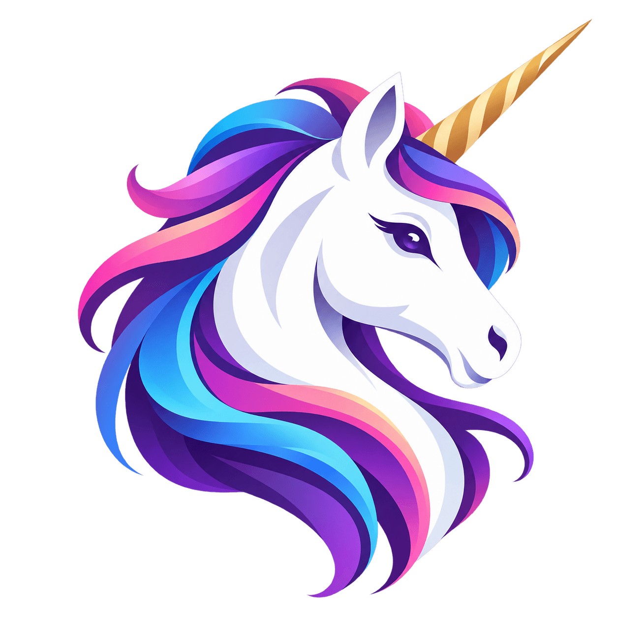 Colorful unicorn with a gold horn and flowing violet, pink, and cyan mane